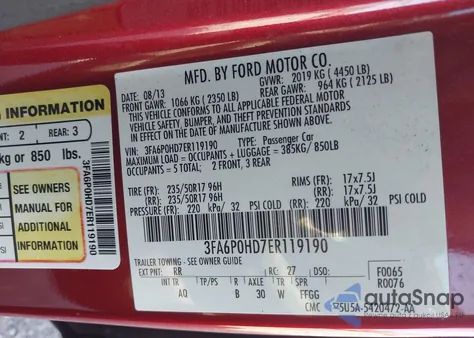 2014 Ford Fusion Se из США, поврежденный, VIN 3FA6P0HD7ER119190